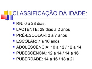 CLASSIFICAÇÃO DA IDADE:
 RN: 0 a 28 dias;
 LACTENTE: 29 dias a 2 anos
 PRÉ-ESCOLAR: 2 a 7 anos
 ESCOLAR: 7 a 10 anos
 ADOLESCÊNCIA: 10 a 12 / 12 a 14
 PUBESCÊNCIA: 12 a 14 / 14 a 16
 PUBERDADE: 14 a 16 / 18 a 21
 