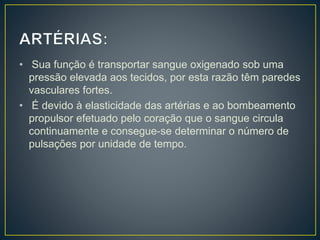 • Sua função é transportar sangue oxigenado sob uma
pressão elevada aos tecidos, por esta razão têm paredes
vasculares fortes.
• É devido à elasticidade das artérias e ao bombeamento
propulsor efetuado pelo coração que o sangue circula
continuamente e consegue-se determinar o número de
pulsações por unidade de tempo.
 