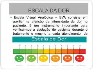 ESCALA DA DOR
 Escala Visual Analógica – EVA consiste em
auxiliar na aferição da intensidade da dor no
paciente, é um instrumento importante para
verificarmos a evolução do paciente durante o
tratamento e mesmo a cada atendimento, de
maneira mais fidedigna
 