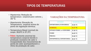TIPOS DE TEMPERATURAS
▪ Hipotermia: Redução da
temperatura corporal para valores ↓
35°C;
▪ Hipertermia: Elevação da
Temperatura corporal acima do
ponto de regulação térmica;
▪ Temperatura Basal (normal) do
corpo: 36,8ºC à 37,3ºC
▪ Febre: Aumento anormal da
temperatura corporal devido à
produção excessiva de calor e
incapacidade dos mecanismos de
perda de calor acompanharem o
ritmo da produção de calor.
 