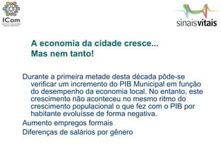 Durante a primeira metade desta década pôde-se verificar um incremento do PIB Municipal em função do desempenho da economia local. No entanto, este crescimento não aconteceu no mesmo ritmo do crescimento populacional o que fez com o PIB por habitante evoluísse de forma negativa. Aumento empregos formais Diferenças de salários por gênero A economia da cidade cresce...  Mas nem tanto! 