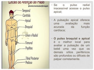 • Se o pulso radial
inacessível acesse o pulso
apical;
• A pulsação apical oferece
uma avaliação mais
acurada da função
cardíaca;
• O pulso braquial e apical
é o melhor local para
avaliar a pulsação de um
bebê uma vez que os
demais sítios periféricos
são profundos ou difíceis de
palpar corretamente.
 