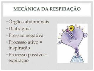 MECÂNICA DA RESPIRAÇÃO
•Órgãos abdominais
•Diafragma
•Pressão negativa
•Processo ativo =
inspiração
•Processo passivo =
expiração
 