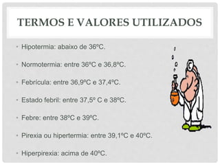 TERMOS E VALORES UTILIZADOS
• Hipotermia: abaixo de 36ºC.
• Normotermia: entre 36ºC e 36,8ºC.
• Febrícula: entre 36,9ºC e 37,4ºC.
• Estado febril: entre 37,5º C e 38ºC.
• Febre: entre 38ºC e 39ºC.
• Pirexia ou hipertermia: entre 39,1ºC e 40ºC.
• Hiperpirexia: acima de 40ºC.
 