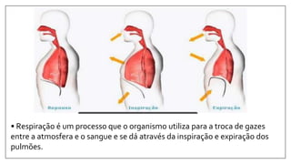 • Respiração é um processo que o organismo utiliza para a troca de gazes
entre a atmosfera e o sangue e se dá através da inspiração e expiração dos
pulmões.
 