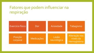 Fatores que podem influenciar na
respiração
Exercício físico Dor Ansiedade Tabagismo
Posição
corporal
Medicações
Lesão
neurológica
Alteração nos
níveis da
Hemoglobina
 