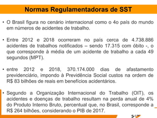 Normas Regulamentadoras de SST
• O Brasil figura no cenário internacional como o 4o país do mundo
em números de acidentes de trabalho.
• Entre 2012 e 2018 ocorreram no país cerca de 4.738.886
acidentes de trabalhos notificados – sendo 17.315 com óbito -, o
que corresponde à média de um acidente de trabalho a cada 49
segundos (MPT).
• entre 2012 e 2018, 370.174.000 dias de afastamento
previdenciário, impondo à Previdência Social custos na ordem de
R$ 83 bilhões de reais em benefícios acidentários.
• Segundo a Organização Internacional do Trabalho (OIT), os
acidentes e doenças de trabalho resultam na perda anual de 4%
do Produto Interno Bruto, percentual que, no Brasil, corresponde a
R$ 264 bilhões, considerando o PIB de 2017.
 