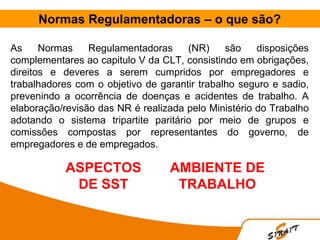Normas Regulamentadoras – o que são?
As Normas Regulamentadoras (NR) são disposições
complementares ao capitulo V da CLT, consistindo em obrigações,
direitos e deveres a serem cumpridos por empregadores e
trabalhadores com o objetivo de garantir trabalho seguro e sadio,
prevenindo a ocorrência de doenças e acidentes de trabalho. A
elaboração/revisão das NR é realizada pelo Ministério do Trabalho
adotando o sistema tripartite paritário por meio de grupos e
comissões compostas por representantes do governo, de
empregadores e de empregados.
ASPECTOS
DE SST
AMBIENTE DE
TRABALHO
 