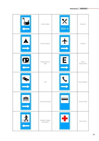 49
INTRODUÇÃO │ UNIDADE I
Serviço Sanitário Restaurante
Área de Campismo Aeroporto
Estacionamento de
Trailer
Área de
Estacionamento
Hotel Serviço Telefônico
Transporte sobre água Ponto de Parada
Passagem Protegida
para Pedestre
Pronto Socorro
 