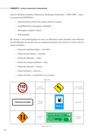 54
UNIDADE II │ ESTUDOS DE SINALIZAÇÕES COMPLEMENTARES
maiores detalhes consultar o Manual de Sinalização Rodoviária – DNIT (IPR – 743) e
os manuais do CONTRAN).
»
» Posicionamento dentro do campo visual do usuário.
»
» Legibilidade das mensagens e símbolos.
»
» Mensagens simples e claras.
»
» Padronização.
No tocante a esta padronização de cores, os diferentes sinais incluídos neste Manual
são identificados de acordo com sua categoria funcional, por meio de 6 (seis) cores da
escala cromática:
»
» Sinais de regulamentação – vermelho.
»
» Sinais de advertência – amarelo.
»
» Sinais de indicação – verde.
»
» Sinais de serviços auxiliares – azul.
»
» Sinais de educação – branco.
»
» Sinais turísticos – marrom.
»
» Sinais de obras – com fundo na cor laranja.
Figura 34.
Velocidade
máxima permitida
Curva Acentuada
em “S” à Esquerda
VERIFIQUE OS FREIOS
Sinalização
educativa
Abastecimento
Sinalização de
obras
Santa Rita do Sapucaí 2
Varginha 99
Belo Horizonte 540
Sinalização de
indicação
Fonte: Autor, 2018.
 