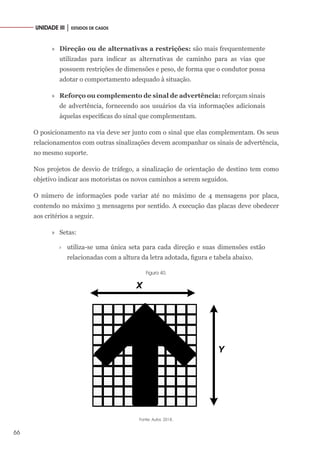 66
UNIDADE III │ ESTUDOS DE CASOS
»
» Direção ou de alternativas a restrições: são mais frequentemente
utilizadas para indicar as alternativas de caminho para as vias que
possuem restrições de dimensões e peso, de forma que o condutor possa
adotar o comportamento adequado à situação.
»
» Reforço ou complemento de sinal de advertência: reforçam sinais
de advertência, fornecendo aos usuários da via informações adicionais
àquelas específicas do sinal que complementam.
O posicionamento na via deve ser junto com o sinal que elas complementam. Os seus
relacionamentos com outras sinalizações devem acompanhar os sinais de advertência,
no mesmo suporte.
Nos projetos de desvio de tráfego, a sinalização de orientação de destino tem como
objetivo indicar aos motoristas os novos caminhos a serem seguidos.
O número de informações pode variar até no máximo de 4 mensagens por placa,
contendo no máximo 3 mensagens por sentido. A execução das placas deve obedecer
aos critérios a seguir.
»
» Setas:
›
› utiliza-se uma única seta para cada direção e suas dimensões estão
relacionadas com a altura da letra adotada, figura e tabela abaixo.
Figura 40.
X
Y
Fonte: Autor, 2018.
 