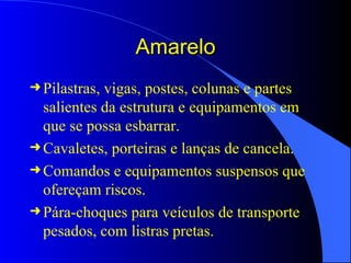 Amarelo Pilastras, vigas, postes, colunas e partes salientes da estrutura e equipamentos em que se possa esbarrar. Cavaletes, porteiras e lanças de cancela. Comandos e equipamentos suspensos que ofereçam riscos. Pára-choques para veículos de transporte pesados, com listras pretas. 