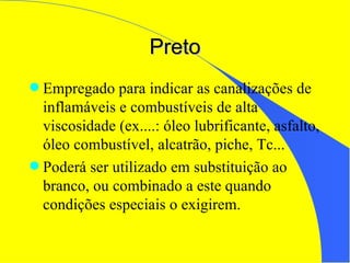 Preto Empregado para indicar as canalizações de inflamáveis e combustíveis de alta viscosidade (ex....: óleo lubrificante, asfalto, óleo combustível, alcatrão, piche, Tc... Poderá ser utilizado em substituição ao branco, ou combinado a este quando condições especiais o exigirem. 