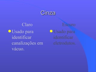Cinza Claro Usado para identificar canalizações em vácuo. Escuro Usado para identificar eletrodutos. 