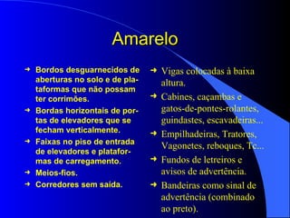 Amarelo Bordos desguarnecidos de aberturas no solo e de pla-taformas que não possam ter corrimões. Bordas horizontais de por-tas de elevadores que se fecham verticalmente. Faixas no piso de entrada de elevadores e platafor-mas de carregamento. Meios-fios. Corredores sem saída. Vigas colocadas à baixa altura. Cabines, caçambas e gatos-de-pontes-rolantes, guindastes, escavadeiras... Empilhadeiras, Tratores, Vagonetes, reboques, Tc... Fundos de letreiros e avisos de advertência. Bandeiras como sinal de advertência (combinado ao preto). 