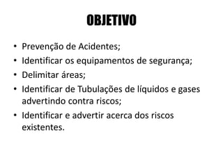 OBJETIVO
• Prevenção de Acidentes;
• Identificar os equipamentos de segurança;
• Delimitar áreas;
• Identificar de Tubulações de líquidos e gases
advertindo contra riscos;
• Identificar e advertir acerca dos riscos
existentes.
 