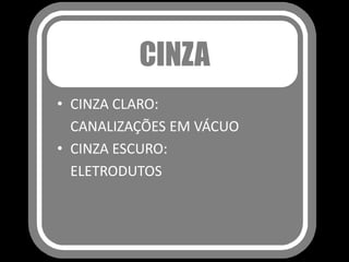 CINZA
• CINZA CLARO:
CANALIZAÇÕES EM VÁCUO
• CINZA ESCURO:
ELETRODUTOS
 