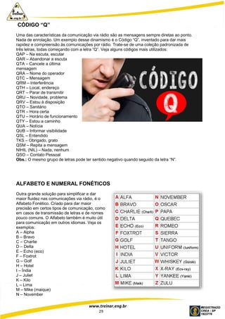 www.treinar.eng.br
29
CÓDIGO “Q”
Uma das características da comunicação via rádio são as mensagens sempre diretas ao ponto.
Nada de enrolação. Um exemplo desse dinamismo é o Código “Q”, inventado para dar mais
rapidez e compreensão às comunicações por rádio. Trate-se de uma coleção padronizada de
três letras, todas começando com a letra “Q”. Veja alguns códigos mais utilizados:
QAP – Na escuta, escutar
QAR – Abandonar a escuta
QTA – Cancele a última
mensagem
QRA – Nome do operador
QTC – Mensagem
QRM – Interferência
QTH – Local, endereço
QRT – Parar de transmitir
QRU – Novidade, problema
QRV – Estou à disposição
QTO – Sanitário
QTR – Hora certa
QTU – Horário de funcionamento
QTY – Estou a caminho
QUA – Notícia
QUB – Informar visibilidade
QSL – Entendido
TKS – Obrigado, grato
QSM – Repita a mensagem
NIHIL (NIL) – Nada, nenhum
QSO – Contato Pessoal
Obs.: O mesmo grupo de letras pode ter sentido negativo quando seguido da letra “N”.
ALFABETO E NUMERAL FONÉTICOS
Outra grande solução para simplificar e dar
maior fluidez nas comunicações via rádio, é o
Alfabeto Fonético. Criado para dar maior
precisão em certos tipos de comunicação, como
em casos de transmissão de letras e de nomes
pouco comuns. O Alfabeto também é muito útil
para comunicação em outros idiomas. Veja os
exemplos:
A – Alpha
B – Bravo
C – Charlie
D – Delta
E – Echo (eco)
F – Foxtrot
G – Golf
H – Hotel
I – Índia
J – Juliet
K – Kilo
L – Lima
M – Mike (maique)
N – November
 