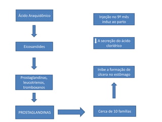 Ácido Araquidônico   Injeção no 9º mês
                       induz ao parto



                     A secreção do ácido
  Eicosanóides            clorídrico




                     Inibe a formação de
                     úlcera no estômago
 Prostaglandinas,
   leucotrienos,
  tromboxanos




PROSTAGLANDINAS      Cerca de 10 famílias
 