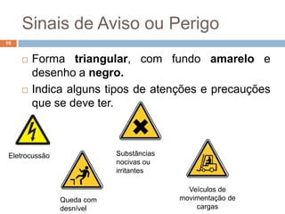 Sinais de Aviso ou Perigo
10


        Forma triangular, com fundo amarelo e
         desenho a negro.
        Indica alguns tipos de atenções e precauções
         que se deve ter.



 Eletrocussão               Substâncias
                            nocivas ou
                            irritantes

                                            Veículos de
                Queda com                 movimentação de
                desnível                      cargas
 