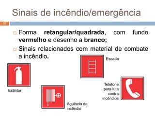 Sinais de incêndio/emergência
12


          Forma retangular/quadrada, com fundo
           vermelho e desenho a branco;
          Sinais relacionados com material de combate
           a incêndio.                  Escada




                                          Telefone
     Extintor                             para luta
                                            contra
                                         incêndios
                           Agulheta de
                           incêndio
 