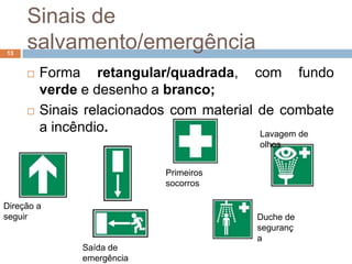 Sinais de
13
     salvamento/emergência
        Forma retangular/quadrada, com fundo
         verde e desenho a branco;
        Sinais relacionados com material de combate
         a incêndio.                      Lavagem de
                                         olhos


                            Primeiros
                            socorros

Direção a
seguir                                  Duche de
                                        seguranç
                                        a
               Saída de
               emergência
 