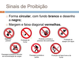 Sinais de Proibição
7


         Forma circular, com fundo branco e desenho
          a negro;
         Margem e faixa diagonal vermelhas.



    Água não                                         Proibida a entrada a              Proibição de
     potável              Proibição de             pessoas não autorizadas
                             fumar                                                   apagar com água




Passagem proibida a veículos
                                         Passagem proibida a          Proibição de fazer lume e de
 de movimentação de cargas
                                               peões                             fumar
 