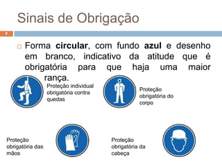 Sinais de Obrigação
8


       Forma circular, com fundo azul e desenho
        em branco, indicativo da atitude que é
        obrigatória para que haja uma maior
        segurança.
                  Proteção individual
                                                   Proteção
                  obrigatória contra
                                                   obrigatória do
                  quedas
                                                   corpo




Proteção                                Proteção
obrigatória das                         obrigatória da
mãos                                    cabeça
 