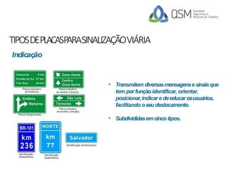 TIPOSDEPLACASPARASINALIZAÇÃOVIÁRIA
• Transmitem diversasmensagensesinaisque
tem porfunçãoidentificar, orientar,
posicionar,indicaredeeducarosusuários,
facilitando oseu deslocamento.
• Subdivididasemcinco tipos.
Indicação
 
