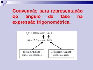 Convenção para representação
do ângulo de fase na
expressão trigonométrica.
 
