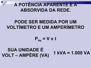 A POTÊNCIA APARENTE É A
ABSORVIDA DA REDE.
PAp = V x I
PODE SER MEDIDA POR UM
VOLTÍMETRO E UM AMPERÍMETRO
SUA UNIDADE É
VOLT – AMPÈRE (VA)
1 kVA = 1.000 VA
 