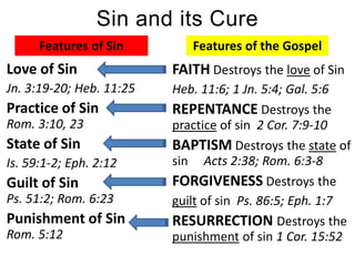 Sin and its Cure Features of Sin Features of the Gospel Love of Sin Jn. 3:19-20; Heb. 11:25 Practice of Sin                   Rom. 3:10, 23 State of Sin Is. 59:1-2; Eph. 2:12 Guilt of SinPs. 51:2; Rom. 6:23 Punishment of Sin Rom. 5:12 FAITH Destroys the love of Sin Heb. 11:6; 1 Jn. 5:4; Gal. 5:6 REPENTANCE Destroys the practice of sin  2 Cor. 7:9-10 BAPTISM Destroys the state of sin     Acts 2:38; Rom. 6:3-8 FORGIVENESS Destroys the  guilt of sin  Ps. 86:5; Eph. 1:7 RESURRECTION Destroys the punishment of sin 1 Cor. 15:52 