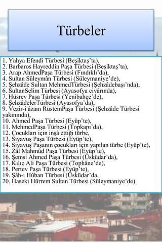 Türbeler
1. Yahya Efendi Türbesi (Beşiktaş’ta),
2. Barbaros Hayreddin Paşa Türbesi (Beşiktaş’ta),
3. Arap AhmedPaşa Türbesi (Fındıklı’da),
4. Sultan Süleymân Türbesi (Süleymaniye’de),
5. Şehzâde Sultan MehmedTürbesi (Şehzâdebaşı’nda),
6. SultanSelim Türbesi (Ayasofya civârında),
7. Hüsrev Paşa Türbesi (Yenibahçe’de),
8. ŞehzâdelerTürbesi (Ayasofya’da),
9. Vezir-i âzam RüstemPaşa Türbesi (Şehzâde Türbesi
yakınında),
10. Ahmed Paşa Türbesi (Eyüp’te),
11. MehmedPaşa Türbesi (Topkapı’da),
12. Çocukları için inşâ ettiği türbe,
13. Siyavuş Paşa Türbesi (Eyüp’te),
14. Siyavuş Paşanın çocukları için yapılan türbe (Eyüp’te),
15. Zâl Mahmûd Paşa Türbesi (Eyüp’te),
16. Şemsi Ahmed Paşa Türbesi (Üsküdar’da),
17. Kılıç Ali Paşa Türbesi (Tophâne’de),
18. Pertev Paşa Türbesi (Eyüp’te),
19. Şâh-ı Hûban Türbesi (Üsküdar’da,
20. Haseki Hürrem Sultan Türbesi (Süleymaniye’de).
 