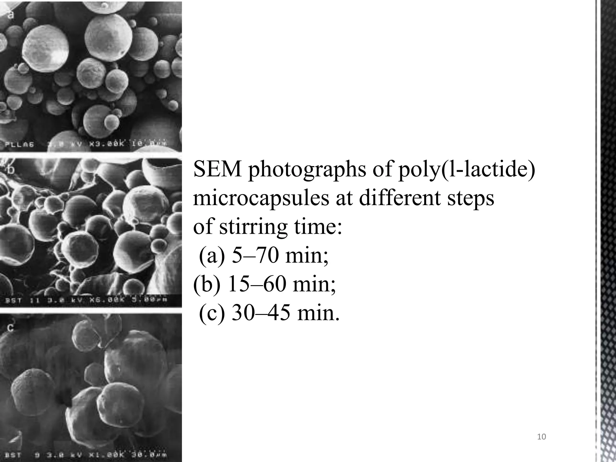 SEM photographs of poly(l-lactide)
microcapsules at different steps
of stirring time:
 (a) 5–70 min;
(b) 15–60 min;
 (c) 30–45 min.



                                     10
 