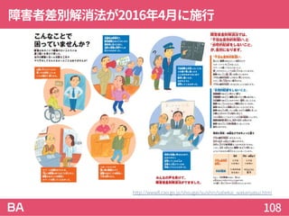 障害者差別解消法が2016年4月に施行
108
http://www8.cao.go.jp/shougai/suishin/sabekai_wakariyasui.html
 