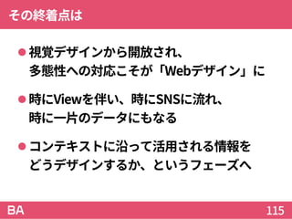 その終着点は
視覚デザインから開放され、
多態性への対応こそが「Webデザイン」に
時にViewを伴い、時にSNSに流れ、
時に一片のデータにもなる
コンテキストに沿って活用される情報を
どうデザインするか、というフェーズへ
115
 