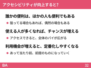 アクセシビリティが向上すると?
誰かの便利は、ほかの人も便利でもある
 狙ってる場合もあれば、偶然の場合もある
使える人が多くなれば、チャンスが増える
 アクセスできると、全体のパイが広がる
利用機会が増えると、定番化しやすくなる
 あって当たり前、前提のものになっていく
32
 