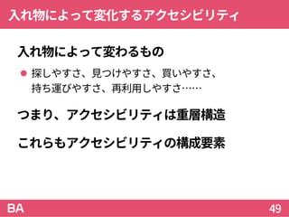 入れ物によって変化するアクセシビリティ
入れ物によって変わるもの
 探しやすさ、見つけやすさ、買いやすさ、
持ち運びやすさ、再利用しやすさ……
つまり、アクセシビリティは重層構造
これらもアクセシビリティの構成要素
49
 