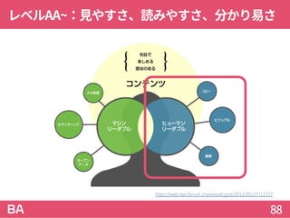レベルAA~：見やすさ、読みやすさ、分かり易さ
88
http://web-tan.forum.impressrd.jp/e/2012/05/17/12727
 