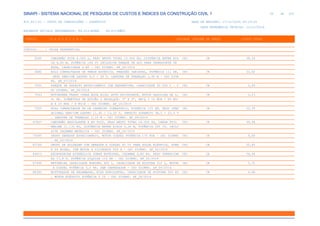 de
50 612
SINAPI - SISTEMA NACIONAL DE PESQUISA DE CUSTOS E ÍNDICES DA CONSTRUÇÃO CIVIL 1
PCI.817.01 - CUSTO DE COMPOSIÇÕES - SINTÉTICO DATA DE EMISSÃO: 17/12/2019 00:19:25
DATA REFERÊNCIA TÉCNICA: 13/12/2019
ENCARGOS SOCIAIS DESONERADOS: 86,01%(HORA) 48,61%(MÊS)
CÓDIGO |D E S C R I Ç Ã O |UNIDADE |ORIGEM DE PREÇO |CUSTO TOTAL
VÍNCULO.....: CAIXA REFERENCIAL
6260 CAMINHÃO PIPA 6.000 L, PESO BRUTO TOTAL 13.000 KG, DISTÂNCIA ENTRE EIX CHI CR 38,34
OS 4,80 M, POTÊNCIA 189 CV INCLUSIVE TANQUE DE AÇO PARA TRANSPORTE DE
ÁGUA, CAPACIDADE 6 M3 - CHI DIURNO. AF_06/2014
6880 ROLO COMPACTADOR DE PNEUS ESTÁTICO, PRESSÃO VARIÁVEL, POTÊNCIA 111 HP, CHI CR 53,92
PESO SEM/COM LASTRO 9,5 / 26 T, LARGURA DE TRABALHO 1,90 M - CHI DIUR
NO. AF_07/2014
7031 TANQUE DE ASFALTO ESTACIONÁRIO COM SERPENTINA, CAPACIDADE 30.000 L - C CHI CR 3,93
HI DIURNO. AF_06/2014
7043 MOTOBOMBA TRASH (PARA ÁGUA SUJA) AUTO ESCORVANTE, MOTOR GASOLINA DE 6, CHI CR 0,23
41 HP, DIÂMETROS DE SUCÇÃO X RECALQUE: 3" X 3", HM/Q = 10 MCA / 60 M3/
H A 23 MCA / 0 M3/H - CHI DIURNO. AF_10/2014
7050 ROLO COMPACTADOR PE DE CARNEIRO VIBRATORIO, POTENCIA 125 HP, PESO OPER CHI CR 50,39
ACIONAL SEM/COM LASTRO 11,95 / 13,30 T, IMPACTO DINAMICO 38,5 / 22,5 T
, LARGURA DE TRABALHO 2,15 M - CHI DIURNO. AF_06/2014
67827 CAMINHÃO BASCULANTE 6 M3 TOCO, PESO BRUTO TOTAL 16.000 KG, CARGA ÚTIL CHI CR 39,96
MÁXIMA 11.130 KG, DISTÂNCIA ENTRE EIXOS 5,36 M, POTÊNCIA 185 CV, INCLU
SIVE CAÇAMBA METÁLICA - CHI DIURNO. AF_06/2014
73395 GRUPO GERADOR ESTACIONÁRIO, MOTOR DIESEL POTÊNCIA 170 KVA - CHI DIURNO CHI CR 5,60
. AF_02/2016
83766 GRUPO DE SOLDAGEM COM GERADOR A DIESEL 60 CV PARA SOLDA ELÉTRICA, SOBR CHI CR 35,85
E 04 RODAS, COM MOTOR 4 CILINDROS 600 A - CHI DIURNO. AF_02/2016
84013 ESCAVADEIRA HIDRÁULICA SOBRE ESTEIRAS, CAÇAMBA 0,80 M3, PESO OPERACION CHI CR 56,28
AL 17,8 T, POTÊNCIA LÍQUIDA 110 HP - CHI DIURNO. AF_10/2014
87446 BETONEIRA CAPACIDADE NOMINAL 400 L, CAPACIDADE DE MISTURA 310 L, MOTOR CHI CR 0,35
A DIESEL POTÊNCIA 5,0 HP, SEM CARREGADOR - CHI DIURNO. AF_06/2014
88392 MISTURADOR DE ARGAMASSA, EIXO HORIZONTAL, CAPACIDADE DE MISTURA 300 KG CHI CR 0,68
, MOTOR ELÉTRICO POTÊNCIA 5 CV - CHI DIURNO. AF_06/2014
 