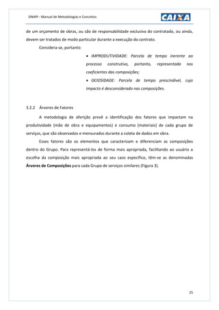 SINAPI - Manual de Metodologias e Conceitos
25
de um orçamento de obras, ou são de responsabilidade exclusiva do contratado, ou ainda,
devem ser tratados de modo particular durante a execução do contrato.
Considera-se, portanto:
 IMPRODUTIVIDADE: Parcela de tempo inerente ao
processo construtivo, portanto, representada nos
coeficientes das composições;
 OCIOSIDADE: Parcela de tempo prescindível, cujo
impacto é desconsiderado nas composições.
3.2.2 Árvores de Fatores
A metodologia de aferição prevê a identificação dos fatores que impactam na
produtividade (mão de obra e equipamentos) e consumo (materiais) de cada grupo de
serviços, que são observados e mensurados durante a coleta de dados em obra.
Esses fatores são os elementos que caracterizam e diferenciam as composições
dentro do Grupo. Para representá-los de forma mais apropriada, facilitando ao usuário a
escolha da composição mais apropriada ao seu caso específico, têm-se as denominadas
Árvores de Composições para cada Grupo de serviços similares (Figura 3).
 