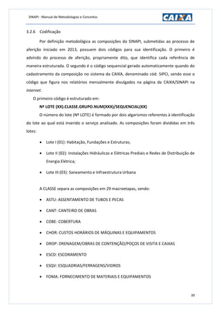 SINAPI - Manual de Metodologias e Conceitos
39
3.2.6 Codificação
Por definição metodológica as composições do SINAPI, submetidas ao processo de
aferição iniciado em 2013, possuem dois códigos para sua identificação. O primeiro é
advindo do processo de aferição, propriamente dito, que identifica cada referência de
maneira estruturada. O segundo é o código sequencial gerado automaticamente quando do
cadastramento da composição no sistema da CAIXA, denominado cód. SIPCI, sendo esse o
código que figura nos relatórios mensalmente divulgados na página da CAIXA/SINAPI na
internet.
O primeiro código é estruturado em:
Nº LOTE (XX).CLASSE.GRUPO.NUM(XXX)/SEQUENCIAL(XX)
O número do lote (Nº LOTE) é formado por dois algarismos referentes à identificação
do lote ao qual está inserido o serviço analisado. As composições foram divididas em três
lotes:
 Lote I (01): Habitação, Fundações e Estruturas;
 Lote II (02): Instalações Hidráulicas e Elétricas Prediais e Redes de Distribuição de
Energia Elétrica;
 Lote III (03): Saneamento e Infraestrutura Urbana
A CLASSE separa as composições em 29 macroetapas, sendo:
 ASTU: ASSENTAMENTO DE TUBOS E PECAS
 CANT: CANTEIRO DE OBRAS
 COBE: COBERTURA
 CHOR: CUSTOS HORÁRIOS DE MÁQUINAS E EQUIPAMENTOS
 DROP: DRENAGEM/OBRAS DE CONTENÇÃO/POÇOS DE VISITA E CAIXAS
 ESCO: ESCORAMENTO
 ESQV: ESQUADRIAS/FERRAGENS/VIDROS
 FOMA: FORNECIMENTO DE MATERIAIS E EQUIPAMENTOS
 