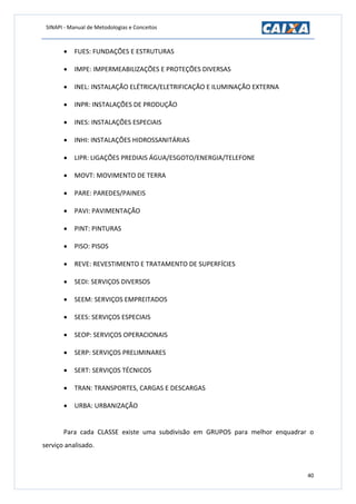 SINAPI - Manual de Metodologias e Conceitos
40
 FUES: FUNDAÇÕES E ESTRUTURAS
 IMPE: IMPERMEABILIZAÇÕES E PROTEÇÕES DIVERSAS
 INEL: INSTALAÇÃO ELÉTRICA/ELETRIFICAÇÃO E ILUMINAÇÃO EXTERNA
 INPR: INSTALAÇÕES DE PRODUÇÃO
 INES: INSTALAÇÕES ESPECIAIS
 INHI: INSTALAÇÕES HIDROSSANITÁRIAS
 LIPR: LIGAÇÕES PREDIAIS ÁGUA/ESGOTO/ENERGIA/TELEFONE
 MOVT: MOVIMENTO DE TERRA
 PARE: PAREDES/PAINEIS
 PAVI: PAVIMENTAÇÃO
 PINT: PINTURAS
 PISO: PISOS
 REVE: REVESTIMENTO E TRATAMENTO DE SUPERFÍCIES
 SEDI: SERVIÇOS DIVERSOS
 SEEM: SERVIÇOS EMPREITADOS
 SEES: SERVIÇOS ESPECIAIS
 SEOP: SERVIÇOS OPERACIONAIS
 SERP: SERVIÇOS PRELIMINARES
 SERT: SERVIÇOS TÉCNICOS
 TRAN: TRANSPORTES, CARGAS E DESCARGAS
 URBA: URBANIZAÇÃO
Para cada CLASSE existe uma subdivisão em GRUPOS para melhor enquadrar o
serviço analisado.
 