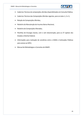 SINAPI - Manual de Metodologias e Conceitos
45
 Cadernos Técnicos de composições aferidas disponibilizados em Consulta Pública;
 Cadernos Técnicos das Composições Aferidas vigentes, para os Lotes 1, 2 e 3;
 Relação de Composições Aferidas;
 Relatório de Manutenção de Insumos Banco Nacional;
 Relatório de Composições Alteradas;
 Planilhas de Encargos Sociais, com e sem desoneração, para as 27 capitais dos
Estados e Distrito Federal;
 Informações para realização de convênios entre a CAIXA e Instituições Públicas
para acesso ao SIPCI;
 Manual de Metodologias e Conceitos do SINAPI.
 