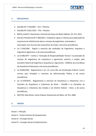 SINAPI - Manual de Metodologias e Conceitos
46
5. BIBLIOGRAFIA
 Acórdão Nº 1.736/2007 – TCU – Plenário
 Acórdão Nº 2.622/ 2013 – TCU – Plenário
 BAETA, André P. Orçamento e Controle de Preços de Obras Públicas. Ed. Pini, 2012.
 Decreto Presidencial Nº 7.983/2013 - Estabelece regras e critérios para elaboração do
orçamento de referência de obras e serviços de engenharia, contratados e
executados com recursos dos orçamentos da União, e dá outras providências.
 Lei 5.194/1966 - Regula o exercício das profissões de Engenheiro, Arquiteto e
Engenheiro-Agrônomo, e dá outras providências.
 Lei 6.496/1977 – Institui a "Anotação de Responsabilidade Técnica" na prestação de
serviços de engenharia, de arquitetura e agronomia; autoriza a criação, pelo
Conselho Federal de Engenharia, Arquitetura e Agronomia - CONFEA, de uma Mútua
de Assistência Profissional; e dá outras providências.
 Lei 8.666/1993 - Regulamenta o art. 37, inciso XXI, da Constituição Federal, institui
normas para licitações e contratos da Administração Pública e dá outras
providências.
 Lei 12.378/2010 - Regulamenta o exercício da Arquitetura e Urbanismo; cria o
Conselho de Arquitetura e Urbanismo do Brasil - CAU/BR e os Conselhos de
Arquitetura e Urbanismo dos Estados e do Distrito Federal - CAUs; e dá outras
providências.
 MATTOS, Aldo Dórea. Como Preparar Orçamentos de Obras. Ed. Pini, 2006.
6. ANEXOS
Anexo I – Aferição
Anexo II – Custos Horários de Equipamentos
Anexo III – Encargos Sociais
Anexo IV – Encargos Sociais Complementares
 