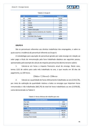 Anexo III – Encargos Sociais
86
Tabela 2: Grupo A
A GRUPO A Incidência
A1 INSS 20,0%
A2 SESI 1,5%
A3 SENAI 1,0%
A4 INCRA 0,2%
A5 SEBRAE 0,6%
A6 Salário Educação 2,5%
A7 Seguro Contra Acidentes de Trabalho 3,0%
A8 FGTS 8,0%
A9 SECONCI (São Paulo) 1,0%
TOTAL 37,8%
GRUPO B
São os percentuais referentes aos direitos trabalhistas dos empregados, e sobre os
quais ocorre a incidência do percentual referente ao Grupo A.
A metodologia para apuração do percentual gerado por cada encargo em relação ao
valor pago a título de remuneração pela hora trabalhada obedece aos seguintes passos,
apresentados pelo exemplo de cálculo do impacto percentual do décimo terceiro salário:
1. Calcula-se em horas o impacto financeiro anual do encargo. Neste caso,
temos 1/12 de salário para cada mês trabalhado no ano, o que resulta em 30 dias de
pagamento, ou 220 horas.
  horashorasdias 22033,730 
2. Calcula-se a quantidade de horas efetivamente trabalhadas ao ano (2.012,76),
por meio da subtração da quantidade relativa a todos os encargos que importam horas
remuneradas e não trabalhadas (665,74) do total de horas trabalháveis ao ano (2.678,50),
como demonstrado na Tabela 3:
Tabela 3: Horas efetivas de trabalho por ano
Horas trabalháveis
Por mês 220
Por dia 7,33
Por ano 2.678,50
Horas Remuneradas não Trabalhadas Por Ano
Domingos 362,02
Auxilio Enfermidade 18,33
Feriados 94,41
Licença Paternidade 1,69
 