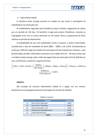 Anexo III – Encargos Sociais
92
 Salário Maternidade
A relevância deste encargo aumenta na medida em que cresce o contingente de
trabalhadoras na construção civil.
Às trabalhadoras seguradas pela Previdência Social é devido o pagamento de salário
por um período de 120 dias. Tal benefício é pago pela própria Previdência, restando ao
empregador arcar com os custos referentes ao 13º salário, férias e proporcional de férias
relativas ao período de afastamento.
A probabilidade de que uma trabalhadora venha a requerer o salário maternidade,
considerando a taxa de natalidade do Brasil (IBGE – 2009), é de 5,54%. Considerando-se
ainda que 7,56% das vagas de trabalho da construção civil são ocupadas por mulheres, e que
83,16% (dados da RAIS -2010) delas encontram-se em idade fértil (15 – 49 anos), temos que
a incidência deste encargo sobre a folha de pagamentos da construção civil é de 0,08 dias ao
ano, ou 0,59 horas, conforme a seguinte fórmula:
  horashorasdiasdiasdias
dias
dias
59,033,7103030
25,365
120
%16,83%56,7%54,5 












%03,0
76,012.2
59,0

horas
horas
GRUPO C
São encargos de natureza indenizatória (Tabela 5) e pagos, em sua maioria,
diretamente ao empregado quando da interrupção do contrato de trabalho.
Tabela 5: Grupo C
C GRUPO C Incidência
C1 Aviso Prévio Indenizado 5,90%
C2 Aviso Prévio Trabalhado 0,14%
C3 Férias Indenizadas + 1/3 3,97%
C4 Depósito por despedida injusta 4,90%
C5 Indenização Adicional 0,50%
TOTAL 15,41%
 