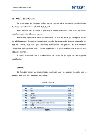 Anexo III – Encargos Sociais
97
1.3 Mão de Obra Mensalista
Os percentuais de Encargos Sociais para a mão de obra mensalista também foram
divididos em quatro níveis: GRUPOS A, B, C, e D.
Neste regime não se adota o conceito de horas produtivas, mas sim o de meses
trabalhados, ou seja, 12 meses ao ano.
As mesmas premissas e dados adotados nos cálculos dos encargos de regime horista
são válidos para os de regime mensalista, à exceção da apropriação de encargo gerado por
dias de chuvas, que não gera impactos significativos na jornada de trabalhadores
contratados sob regime de salário mensal (engenheiros, arquitetos, equipe de administração
local, por exemplo).
A seguir, é demonstrado o procedimento de cálculo de encargos para este tipo de
trabalhador.
GRUPO A
Os Encargos Sociais de origem legal, incidentes sobre os salários mensais, são os
mesmos adotados para a mão de obra horista.
Tabela 8: Grupo A
A GRUPO A Incidência
A1 INSS 20,0%
A2 SESI 1,5%
A3 SENAI 1,0%
A4 INCRA 0,2%
A5 SEBRAE 0,6%
A6 Salário Educação 2,5%
A7 Seguro Contra Acidentes de Trabalho 3,0%
A8 FGTS 8,0%
A9 SECONCI (São Paulo) 1,0%
TOTAL 37,8%
 