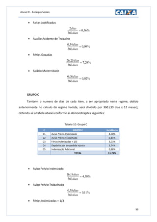 Anexo III – Encargos Sociais
99
 Faltas Justificadas
%56,0
360
2

dias
dias
 Auxílio Acidente de Trabalho
%09,0
360
34,0

dias
dias
 Férias Gozadas
%29,7
360
25,26

dias
dias
 Salário Maternidade
%02,0
360
08,0

dias
dias
GRUPO C
Também o numero de dias de cada item, a ser apropriado neste regime, obtido
anteriormente no calculo do regime horista, será dividido por 360 (30 dias x 12 meses),
obtendo-se a tabela abaixo conforme as demonstrações seguintes:
Tabela 10: Grupo C
C GRUPO C Incidência
C1 Aviso Prévio Indenizado 4,50%
C2 Aviso Prévio Trabalhado 0,11%
C3 Férias Indenizadas + 1/3 3,03%
C4 Depósito por despedida injusta 3,74%
C5 Indenização Adicional 0,38%
TOTAL 11,76%
 Aviso Prévio Indenizado
%50,4
360
19,16

dias
dias
 Aviso Prévio Trabalhado
%11,0
360
38,0

dias
dias
 Férias Indenizadas + 1/3
 
