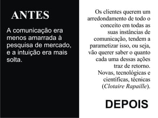 A comunicação era menos amarrada à pesquisa de mercado, e a intuição era mais solta. Os clientes querem um arredondamento de todo o conceito em todas as suas instâncias de comunicação, tendem a parametizar isso, ou seja, vão querer saber o quanto cada uma dessas ações traz de retorno. Novas, tecnológicas e científicas, técnicas ( Clotaire Rapaille ). 